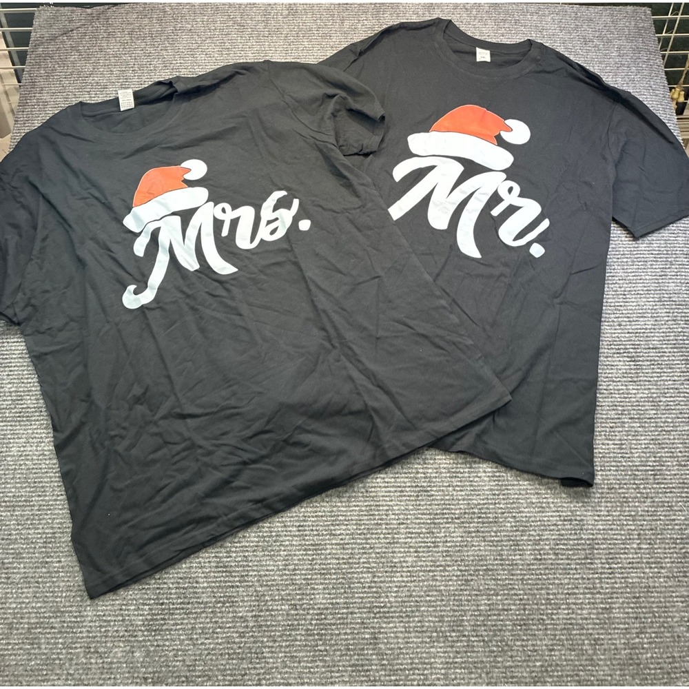 Mr & Mrs Christmas Matching T-Shirt Set Santa Hat Graphic Black 3XL Cotton